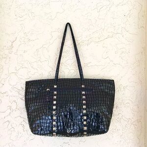 ✨CHI by Carlos Falchi Tote Purse Metallic Black Silver Studs, NWOT